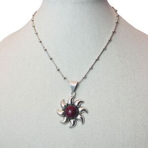 Vintage Sterling Silver Red Jasper Necklace Sun‎ Sunburst Star Pendant Italy